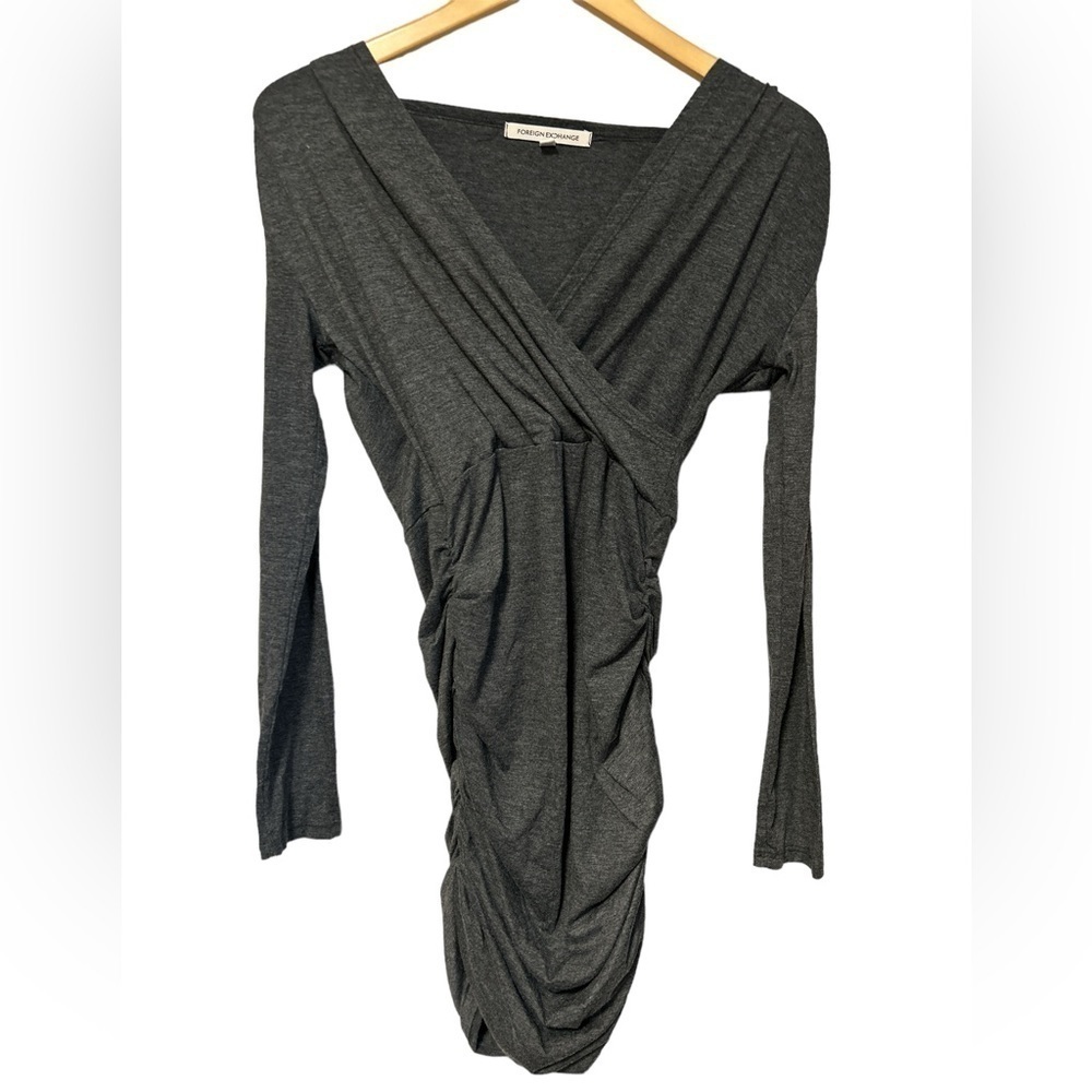 Foreign Exchange Charcoal Gray Ruched Surplice V-Neck Long Sleeve Mini Dress S